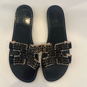 Black Jeweled Slide Sandals with Gold Accents